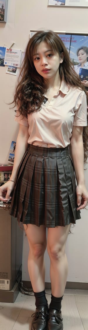 (((masterpiece))), (((best quality))), Best picture quality, high resolution, 8k, realistic, sharp focus, realistic image of elegant lady, Korean beauty, supermodel, girl, standing, wearing short-sleeved school uniform, dark-colored skirt, pleated skirt with tartan pattern,  black student shoes,  detailed face, (blush:1.0) ,More Detail,kao6