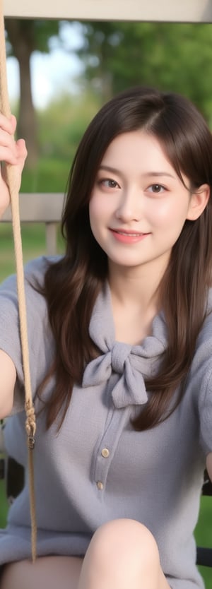 1girl, solo, long hair, looking at viewer, smile, brown hair, shirt, black hair, brown eyes, sitting on a swing, bow on head, masterpiece,perfect light,beauty,idol