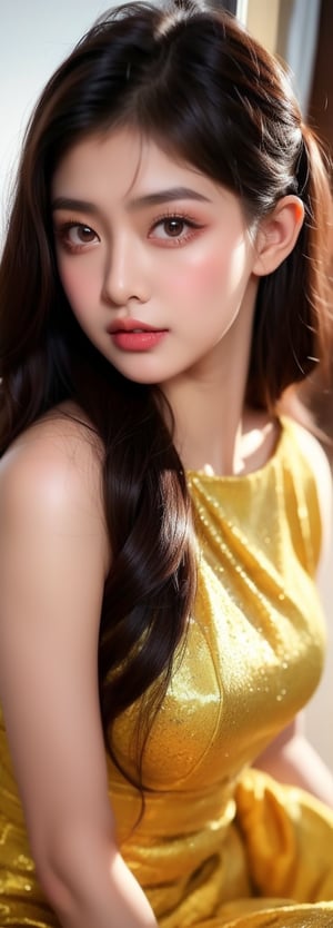 a 5 years old beautifula young asian beauty, perfect light,, Instagram influencer, black long hair, glossy juicy lips,black eyes cute, wearing yellow punjabi dress,