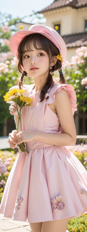 Masterpiece, Simple Background, (((Flowers in Background: 1.7))), 1girl, (wearing pink pleated dress)),fancy_hat 
,perfect light,Beauty,kinomoto sakura