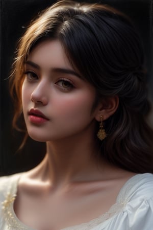 An oil painting in the style of John Singer Sargent and a print by Ivana Besevic, the lighting style of Rembrandt. A beautiful portrait of a 20-year-old Indian girl. A detailed, beautiful, girlish face. Narrow nose, beautiful, large eyes and full lips,1 girl ,beauty