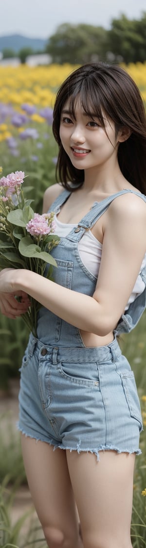 background is flower field,grass field,horizon,wind blowing,petals blowing,16 yo, 1 girl, beautiful girl,smile,
wearing denim overalls skirt,long socks,standing on flower field,holding buquet, cowboy shot,very_long_hair, hair past hip, bangs, curly hair, realhands, masterpiece, Best Quality, 16k, photorealistic, ultra-detailed, finely detailed, high resolution, perfect dynamic composition, beautiful detailed eyes, ((nervous and embarrassed)), sharp-focus, full body shot,pink flower,flower,yama2,1 girl 