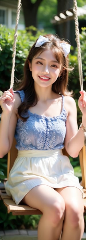a young blonde asian beauty,long brown hair,bow on head,beautiful detailed eyes,beautiful detailed lips,long eyelashes,soft facial features, cute smile,  flower garden background, sitting on a swing, vibrant colors,pleasant lighting,artistic rendering,perfect light
