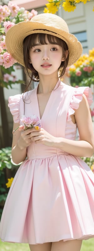 Masterpiece, Simple Background, (((Flowers in Background: 1.7))), 1girl, (wearing pink pleated dress)),fancy_hat 
,perfect light,Beauty,kinomoto sakura