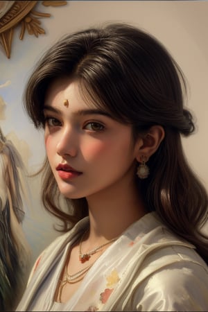 An oil painting in the style of John Singer Sargent and a print by Ivana Besevic, the lighting style of Rembrandt. A beautiful portrait of a 20-year-old Indian girl. A detailed, beautiful, girlish face. Narrow nose, beautiful, large eyes and full lips,1 girl ,beauty,pretty girl,davincitech