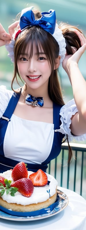 1 girl, solo, long hair, looking at viewer, simple background, blushing, smiling, mouth open, bangs, blue eyes, blonde hair, dress, ribbon, bow, holding, pigtails, blue eyes, hair ribbon, short sleeves, :d, hair ribbon, frills, food, puffy sleeves, apron, arms up, puffy short sleeves, fruit, blue dress, animals, blue ribbon, frilly dress, white apron, plate, cake, frilly apron, mini girl, rabbit, strawberry, giant fork, ,Korean,idol