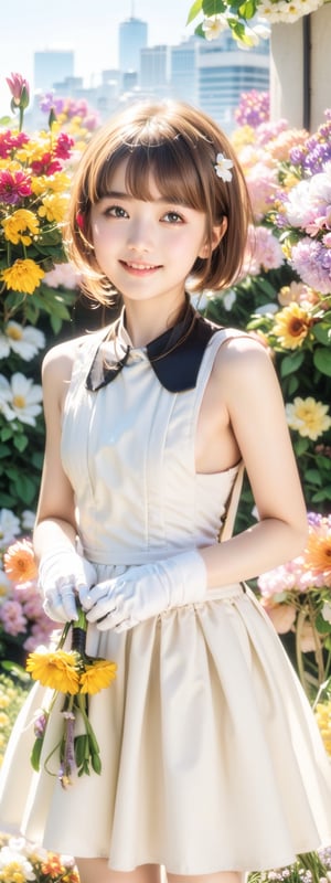 Masterpiece, Simple Background, (((Flowers in Background: 1.7))), 1girl, antenna_hair, , bangs, brown_hair, crown, dress, eyebrows_visible_through_hair, gloves, green_eyes,  short_hair, sleeveless, smile, standing, white_dress, white_gloves
,perfect light,Beauty,kinomoto sakura,Korean