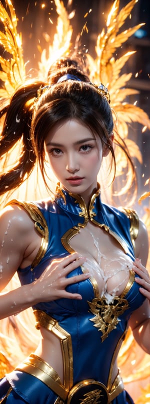 The realistic-style "Street Fighter" Chun-Li opens her hands in front of her chest and stares ahead (the white liquid substance or cum or semen in her palms is full of speed and thunder). The cum is about to fly forward. The background is black. Intricate high detail painting, 45 degree side view, ultra quality, UHD, super resolution, Rembrandt lighting, 8k, hyper-realistic.,chun li,(thin),glowing forehead