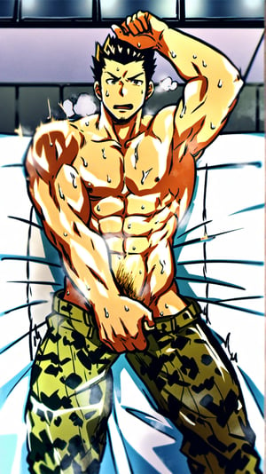 Goro Nomoru from CampBuddy, naked, doing the armpit pose, shirtless, wearing army pants, lying in bed. The room is steaming hot, causing him to sweat, making his muscles glisten. One of his hands is grabbing his crotch, which is bulging, while he looks directly at the audience.