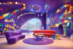 In a whimsical illustration, the Headquarters' living room is abuzz with swirling memories and thoughts, emotions taking center stage beneath the iconic sign emblazoned Emotions and Inside Out. A kaleidoscope of colors envelops the space, where uniform marbles sit atop shelves in mesmerizing harmony amidst swirling chaos. Pixar's 3D and 2D worlds blend seamlessly within this fantastical setting, with vibrant hues and playful textures bringing the scene to life,Headquarters,Living room, Marbles on shelves of uniform size, Pixar, (3D, 2D)