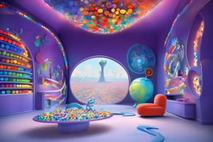 In a whimsical illustration, the Headquarters' living room pulses with swirling memories and thoughts, emotions taking center stage beneath the iconic sign Emotions and Inside Out. A kaleidoscope of colors envelops the space, where uniform marbles sit atop shelves in mesmerizing harmony amidst swirling chaos. Pixar's 3D and 2D worlds blend seamlessly within this fantastical setting, with vibrant hues and playful textures bringing the scene to life.Living room, Marbles on shelves of uniform size, Pixar, (3D, 2D)