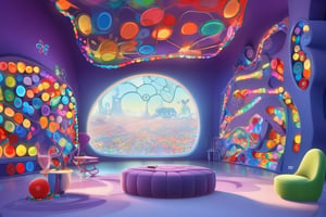 In a whimsical illustration, the Headquarters' living room pulses with swirling memories and thoughts, emotions taking center stage beneath the iconic sign Emotions and Inside Out. A kaleidoscope of colors envelops the space, where uniform marbles sit atop shelves in mesmerizing harmony amidst swirling chaos. Pixar's 3D and 2D worlds blend seamlessly within this fantastical setting, with vibrant hues and playful textures bringing the scene to life.Living room, Marbles on shelves of uniform size, Pixar, (3D, 2D)