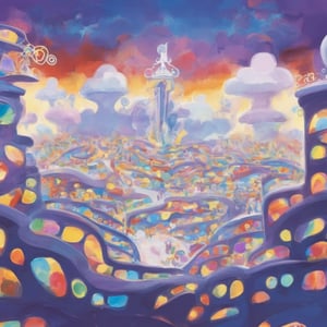 In this whimsical illustration, clouds of imagination. Below, Sadness, The cityscape background features memories and thoughts, with Emotions and Inside Out emblazoned on the Headquarters sign, amidst a kaleidoscope of colors,Headquarters