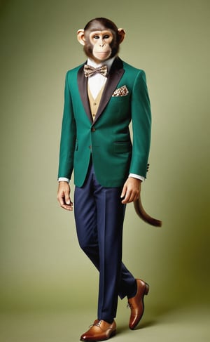 "Create an image of a charming monkey dressed in vintage human clothing. The monkey should be wearing a vibrant emerald green suit with a silver pocket square and a crisp white shirt. Its outfit should be complemented by a navy blue bow tie and elegant tan shoes. The background should be a deep, regal blue to make the colors of the monkey’s attire stand out vividly. The style should be a blend of classic 1920s fashion and whimsical fantasy, with a touch of cartoonish charm."