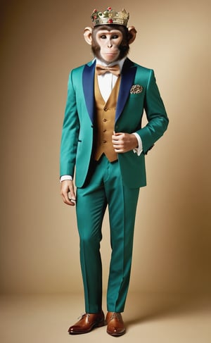 "Create an image of a charming monkey dressed in vintage human clothing. The monkey should be wearing a vibrant emerald green suit with a silver pocket square and a crisp white shirt. Its outfit should be complemented by a navy blue bow tie and elegant tan shoes. To complete the look, the monkey should be wearing a small, ornate crown. The background should be a deep, regal blue to make the colors of the monkey’s attire stand out vividly. The style should be a blend of classic 1920s fashion and whimsical fantasy, with a touch of cartoonish charm."