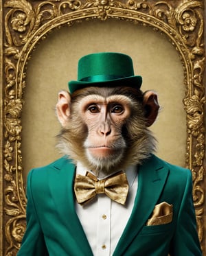 "Create an image of a charming monkey dressed in vintage human clothing. The monkey should be depicted with an average human height and body posture, wearing a vibrant emerald green suit with a silver pocket square and a crisp white shirt. Its outfit should be complemented by a navy blue bow tie and elegant tan shoes. To complete the look, the monkey should be wearing a small, ornate crown. The background should be a deep, regal blue to make the colors of the monkey’s attire stand out vividly. The style should be a blend of classic 1920s fashion and whimsical fantasy, with a touch of realism charm, full body shot."