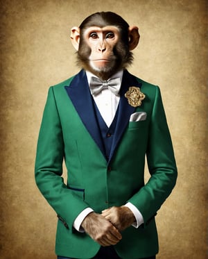 Create an image of a charming monkey dressed in vintage human clothing. The monkey should be depicted with an average human height and body posture, wearing a vibrant emerald green suit with a silver pocket square and a crisp white shirt. Its outfit should be complemented by a navy blue bow tie and elegant tan shoes. To complete the look, the monkey should be wearing a small, ornate crown. The background should be a deep, regal blue to make the colors of the monkey’s attire stand out vividly. The style should be a blend of classic 1920s fashion and whimsical fantasy, with a touch of realism charm.