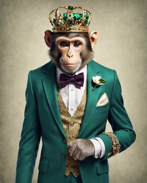 "Create an image of a charming monkey dressed in vintage human clothing. The monkey should be depicted with an average human height and body posture, wearing a vibrant emerald green suit with a silver pocket square and a crisp white shirt. Its outfit should be complemented by a navy blue bow tie and elegant tan shoes. To complete the look, the monkey should be wearing a small, ornate crown. The background should be a deep, regal blue to make the colors of the monkey’s attire stand out vividly. The style should be a blend of classic 1920s fashion and whimsical fantasy, with a touch of cartoonish charm."