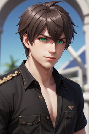 close-up portrait. Intricately detailed, (style of Fate), ((style of Azur Lane)), 1boy, solo, handsome, short dark brown hair, quality black shirt, jeans, male focus, black shirt, realistic, Pectoral Focus, bangs, bright emerald eyes, unreal engine, European face, handsome 