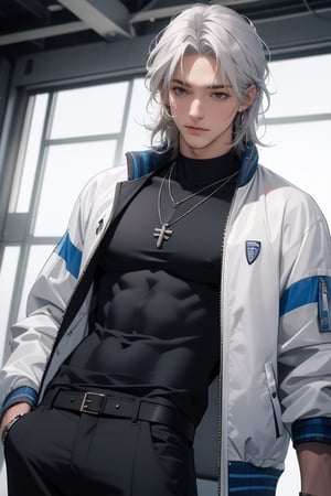 handsome, bright silver hair, medium length hair, white skin, and blue pupils, wearing a bomber jacket, wearing a fashionable necklace, masculine, muscular male