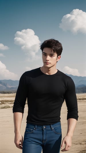 solo, handsome, short dark brown hair, quality black shirt, jeans, 1boy, standing, male focus, outdoors, sky, day, cloud, blue sky, black shirt, sunlight, realistic, photo background,Pectoral Focus, bangs, bright emerald eyes, unreal engine, European face, handsome