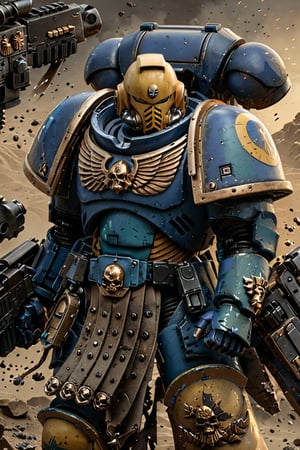 A 4K masterpiece captures an Astartes warrior standing proudly on a desolate alien planet, wearing a battered yellow Primaris helmet, turquoise armor, and yellow pauldron armor. The knight's shoulder armor is adorned with intricate designs, a fierce dragon emblem on the pauldrons, and he holds his bolter in battle stance, his full-body armor worn and rusty from countless battles against the enemies of humanity. The sky above is a deep shade of indigo, with an otherworldly landscape stretching out to the horizon.