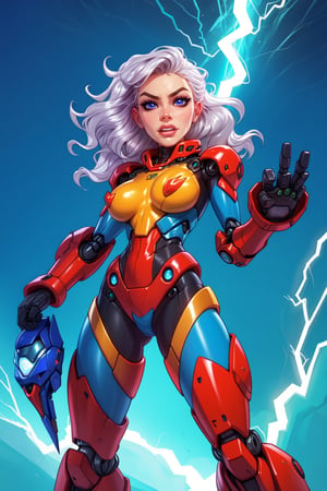 (score_9, score_8_up, score_7_up, score_6_up), 1 girl, wavy hair, mecha clothes, (robot girl),cool movement, silver bodysuit, (lightning effect),silver dragon armour,(cold face),cowboy shot, looking at the viewer, perfect hands, beautiful face, simple_background, full body, perfect body, rounded breast