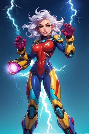 (score_9, score_8_up, score_7_up, score_6_up), 1 girl, wavy hair, mecha clothes, (robot girl),cool movement, silver bodysuit, (lightning effect),silver dragon armour,(cold face),cowboy shot, looking at the viewer, perfect hands, beautiful face, simple_background, full body, perfect body, rounded breast