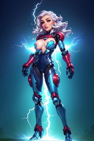 (score_9, score_8_up, score_7_up, score_6_up), 1 girl, wavy hair, wicking clothes, (robot girl),cool movement, silver body, (lightning effect),silver dragon armor,(cool face), perfect hands, pretty face, simple_background, (full body, standing, front),big breast, silver armor,