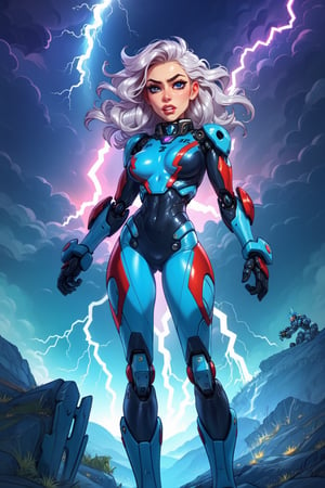 (score_9, score_8_up, score_7_up, score_6_up), 1 girl, wavy hair, mecha clothes, (robot girl),cool movement, silver bodysuit, (lightning effect),silver dragon armour,(cold face),cowboy shot, looking at the viewer, perfect hands, beautiful face, simple_background, full body, perfect body, rounded breast