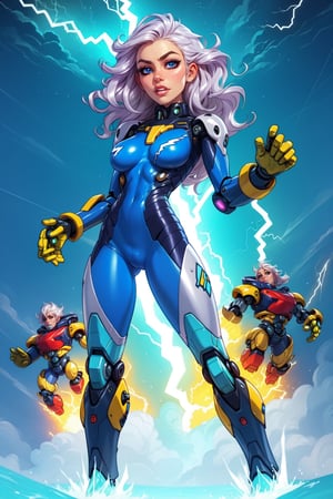 (score_9, score_8_up, score_7_up, score_6_up), 1 girl, wavy hair, mecha clothes, (robot girl),cool movement, silver bodysuit, (lightning effect),silver dragon armour,(cold face),cowboy shot, looking at the viewer, perfect hands, beautiful face, simple_background, full body, perfect body, rounded breast