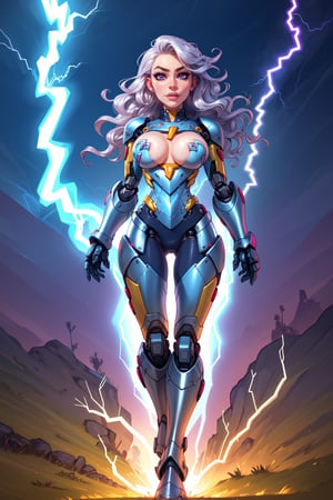 (score_9, score_8_up, score_7_up, score_6_up), 1 girl, wavy hair, wicking clothes, (robot girl),cool movement, silver body, (lightning effect),silver dragon armor,(cool face), perfect hands, pretty face, simple_background, (full body, standing, front),big breast, silver armor,