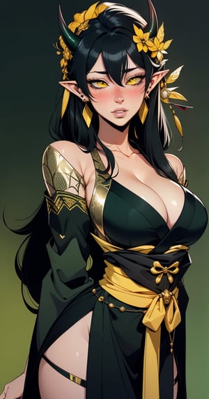 1girl, mature female, large boobs, exposed cleavage , deep cleavage, long hair, black hair, yellow eyes, oni horns, black kimono, lace trim, gold trim, blush, pointy ears, earrings, parted lips, empty eyes, spider hair ornament, simple background,green theme,sciamano240,breasts