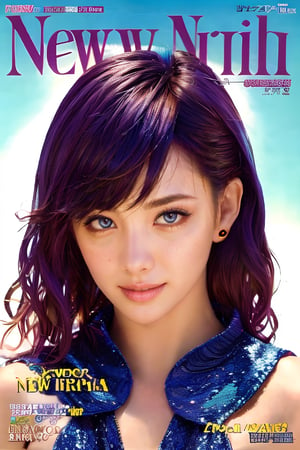 1girl, solo, upper body, beautiful gradient hair color, lips, traditional media, reality, pop idol magazine, title font "New idol is coming", attractive cover with beautiful people, jpop cover 80s