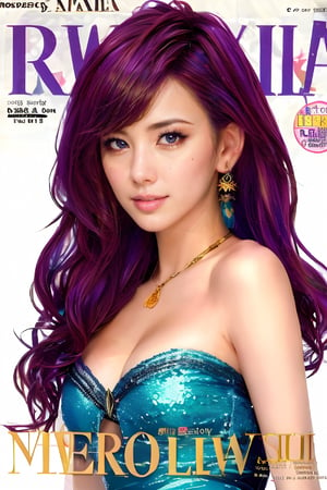 1girl, solo, upper body, beautiful gradient hair color, lips, traditional media, reality, pop idol magazine, title font "New idol is coming", attractive cover with beautiful people, jpop cover 80s