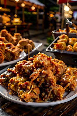 A vibrant street food scene with a close-up shot of a plate filled with delicious, golden-brown fried snacks. The lighting is warm and inviting, casting a soft glow over the crispy, aromatic bites. The composition highlights the texture and freshness of the food, with steam rising gently from the hot, mouth-watering treats. The background features a bustling food stall, with a vendor preparing more snacks, adding to the lively atmosphere.