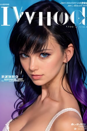 1girl, solo, upper body, beautiful gradient hair color, lips, traditional media, reality, pop idol magazine, title font "New idol is coming", attractive cover with beautiful people, jpop cover 80s