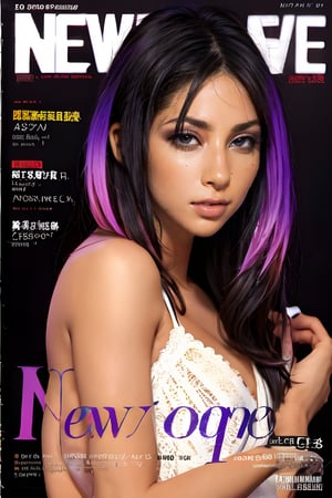 1girl, solo, upper body, beautiful gradient hair color, lips, traditional media, reality, pop idol magazine, title font "New idol is coming", attractive cover with beautiful people, jpop cover 80s