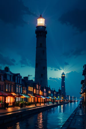 The splendid city landscape is decorated with various rare minerals and the lighthouse emits neon light.