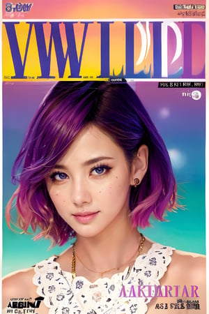 1girl, solo, upper body, beautiful gradient hair color, lips, traditional media, reality, pop idol magazine, title font "New idol is coming", attractive cover with beautiful people, jpop cover 80s