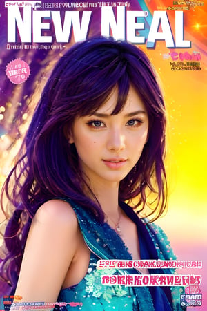 1girl, solo, upper body, beautiful gradient hair color, lips, traditional media, reality, pop idol magazine, title font "New idol is coming", attractive cover with beautiful people, jpop cover 80s