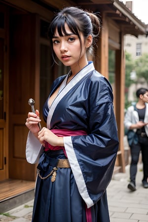 Solo, black hair, 1girl, blue clothes, female focus, blue Hanfu, cupped hands, holding a cane