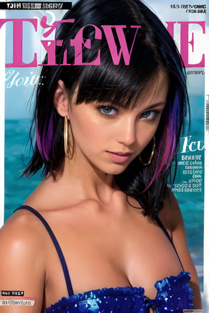 1girl, solo, upper body, beautiful gradient hair color, lips, traditional media, reality, pop idol magazine, title font "New idol is coming", attractive cover with beautiful people, jpop cover 80s