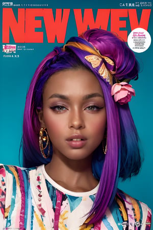 1girl, solo, upper body, beautiful gradient hair color, lips, traditional media, reality, pop idol magazine, title font "New idol is coming", attractive cover with beautiful people, jpop cover 80s