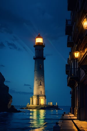 The splendid city landscape is decorated with various rare minerals and the lighthouse emits neon light.