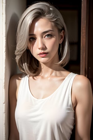 1girl, solo, upper body, grey hair, lips, traditional media, realistic