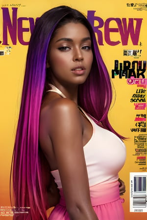 1girl, solo, upper body, beautiful gradient hair color, lips, traditional media, reality, pop idol magazine, title font "New idol is coming", attractive cover with beautiful people, jpop cover 80s