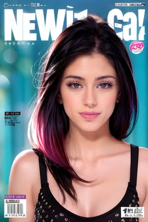 1girl, solo, upper body, beautiful gradient hair color, lips, traditional media, reality, pop idol magazine, title font "New idol is coming", attractive cover with beautiful people, jpop cover 80s