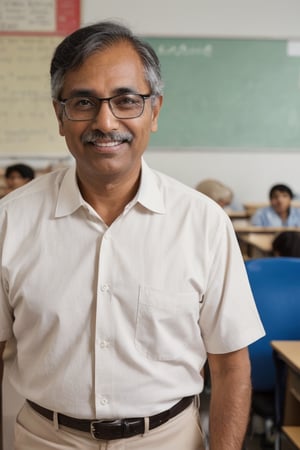 Professor Vishwas has wise, thoughtful brown eyes that convey his intelligence and kindness. His short, graying hair and glasses frame his gentle features and tanned complexion. He has a medium build, and his kind smile often reveals his dedication to science and education.

In a classroom full of eager students, Professor Vishwas’s wise, thoughtful brown eyes reflect his dedication to teaching. His short, graying hair and glasses enhance his gentle features and tanned complexion. Wearing a professional outfit, his medium build stands confidently before the class, his kind smile inspiring his students to learn and explore.