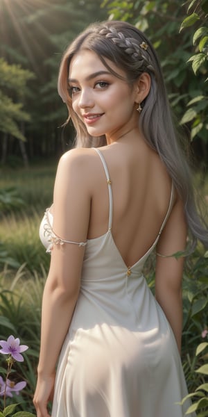 Apsara has mesmerizing, almond-shaped violet eyes that shimmer with a mystical glow. Her long, ethereal silver hair cascades in soft, cascading waves down her back, complementing her luminous, porcelain complexion. She possesses a slender and graceful figure, exuding an otherworldly charm and elegance. Her enchanting smile, highlighted by her delicate features and full lips, adds an aura of divine beauty

In a sunlit meadow filled with magical flowers, Apsara’s mesmerizing, almond-shaped violet eyes shine with pure joy. Her long, ethereal silver hair cascades in soft, cascading waves down her back, complementing her luminous, porcelain complexion. Adorned in a delicate, pastel-colored dress, her slender and graceful figure radiates with otherworldly charm. Her enchanting smile brings life to the enchanting meadow.